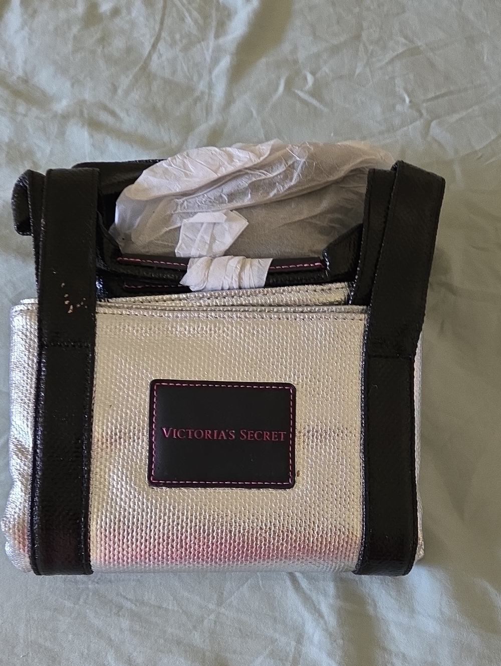 Victoria's Secret Silver Mini Tote with Black Trim and Pink Logo